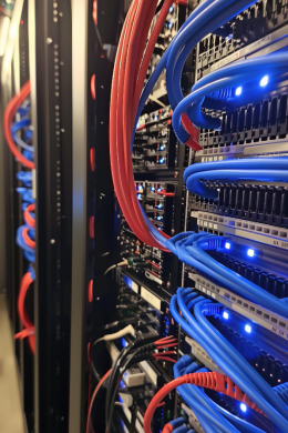 A server rack filled with networking equipment, featuring numerous blue and red cabling connected to devices with glowing blue indicator lights.