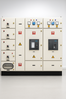 A large industrial electrical control panel, central to Electrical Services, features switches, meters, buttons, and warning labels. It is mounted on a clean, white wall in a brightly lit room.