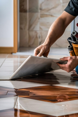 A person installs a large white ceramic tile on a floor, using their hands to position it with care. Nearby, wood-like patterned tiles are visible. The person, possibly working in Civil Service, has tools in a pouch on their waist.