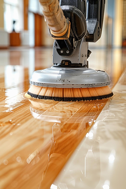 A close-up of a floor polishing machine cleaning and shining a wooden floor, with reflections visible on the glossy surface—a testament to expert Interior Services.