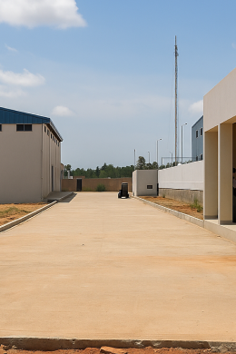 A wide, empty concrete driveway runs between modern industrial buildings on a sunny day, with a clear blue sky above—a setting reminiscent of Civil Service facilities in well-planned industrial zones.
