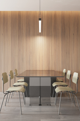 A modern conference room with a glass table, six beige chairs, wooden slat wall panels, a gray floor, and a single hanging light fixture—showcasing contemporary interior design perfect for any office or home renovation project.
