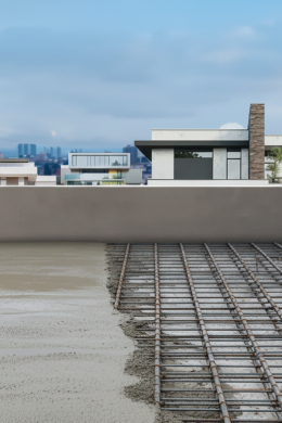 Partially poured concrete slab on a rooftop with exposed rebar showcases the precision of civil service projects, set against modern buildings and a city skyline under a cloudy sky.